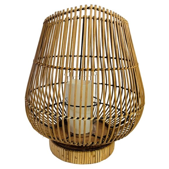 Boho Bamboo Candle Holder Lantern Glass Insert 16" Curved Rustic Home Decor Tabl - Picture 4 of 16